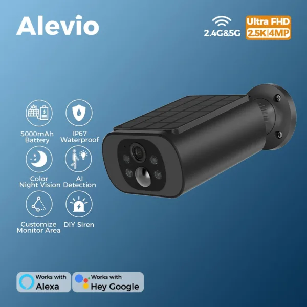 ALEVIO 2.5K Solar Outdoor Security Camera – Wireless WiFi CCTV with AI Detection & Color Night Vision