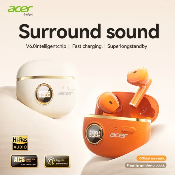 Acer Genuine Wireless Bluetooth Earphones, Semi-In-Ear Type, Latest 6.0 Chip with Stable Transmission, Coil Speaker for Directional Sound Transmission, High-Resolution Audio for Cl