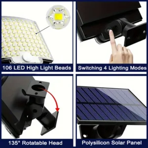 106 LED Solar Motion Light Outdoor Separate Panel Solar Flood Lights 3Light Modes for Garden Garage Street Lamp Outdoor Lighting — image 5