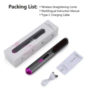 Portable Hair Straightener Brush 4 Temp Setting Cordless Straightening Comb LED Display Ceramic Coating Ionic Technology USB — image 8