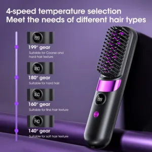Portable Hair Straightener Brush 4 Temp Setting Cordless Straightening Comb LED Display Ceramic Coating Ionic Technology USB — image 2