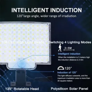 106 LED Solar Motion Light Outdoor Separate Panel Solar Flood Lights 3Light Modes for Garden Garage Street Lamp Outdoor Lighting — image 3