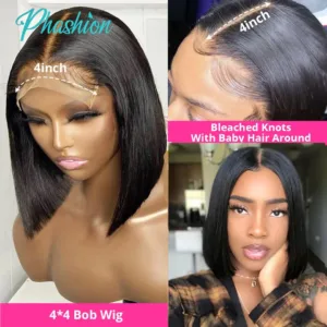 Phashion 2x6 4x4 Glueless Straight Short Bob Wigs With Natural Hairline For Black Women 100% Remy Human Hair Blunt Cut On Sale — image 3