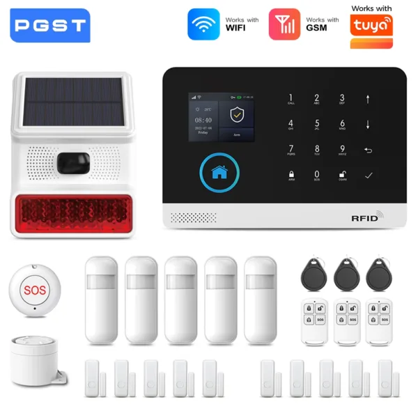 PGST 2.4G WiFi Home Security Alarm System Works with Tuya Smart Life APP 433MHz Outdoor Solar Siren Burglar Alarm Support Alexa
