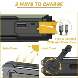 Weather Radio Emergency Multifunctional Radio FM AM WB Hand Crank Solar USB Charging 2000mAh Power Bank LED Flashlight Torch — image 4