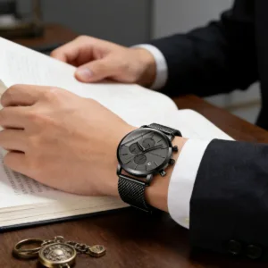 HANNAH MARTIN Brand Top Men Watch Black Stainless Steel Fashion Waterproof Sports Multifunctional Quartz Watch Relogio Masculino — image 2
