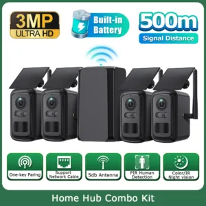INQMEGA 3MP Solar Wireless Home Hub Security System 4-Piece Set, 500 Meters Long Transmission Distance, Works With Ubox Pro