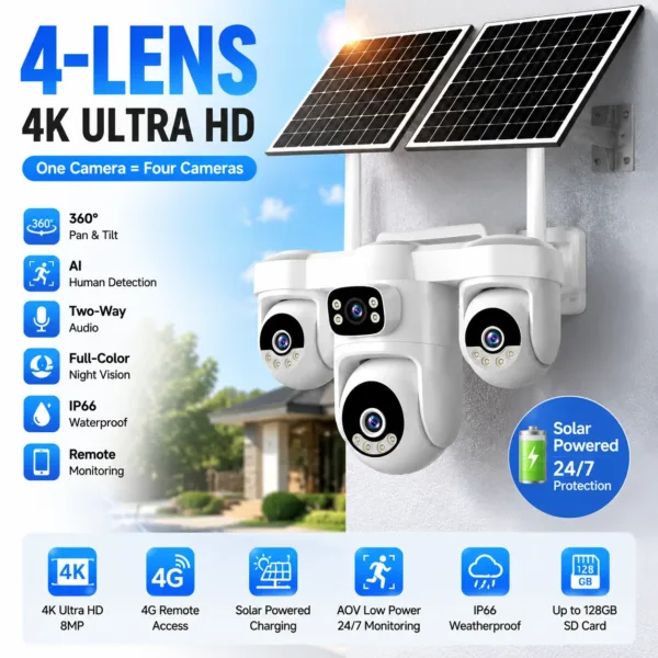 20MP 4 Lens 4 Screen 4G Solar Security Camera Outdoor PTZ WiFi IP Camera 10X Zoom Auto Tracking Wireless CCTV Surveillance