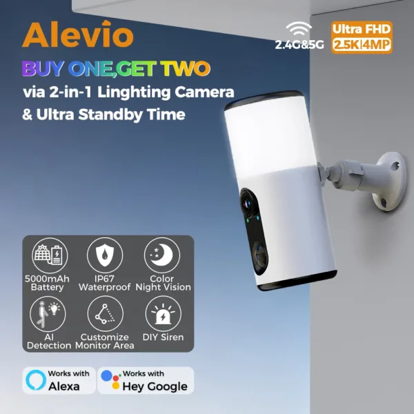 ALEVIO 2.5K Solar Camera WIFI Outdoor Wireless Camera Ultra Standby Time Color Night Vision AI Detect Floodlight Security Camera