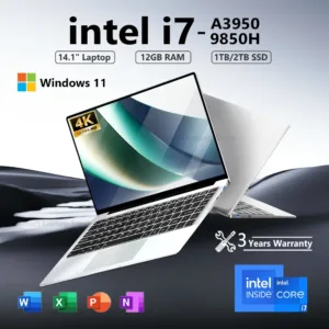 2026 Intel Core i7 9850H Intel A3950 Ultra Slim Laptop 14.1“ Windows 11 Notebook Computer 12GB RAM 1TB SSD Office Study Laptop
