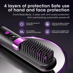 Portable Hair Straightener Brush 4 Temp Setting Cordless Straightening Comb LED Display Ceramic Coating Ionic Technology USB — image 5