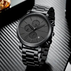 HANNAH MARTIN Brand Top Men Watch Black Stainless Steel Fashion Waterproof Sports Multifunctional Quartz Watch Relogio Masculino