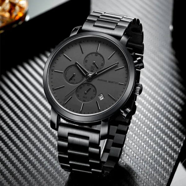 HANNAH MARTIN Brand Top Men Watch Black Stainless Steel Fashion Waterproof Sports Multifunctional Quartz Watch Relogio Masculino