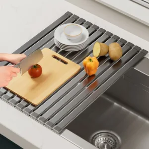 Foldable Heavy Duty Roll-Up Dish Drainer Space Saving Adjustable Height Heat Resistant and Detachable Sink Storage Rack Withr