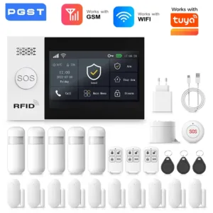 PGST WiFi 4G GSM Alarm System Works with TUYA Smart Life for Home Security with PIR Wireless Solar Siren Works with Aleax