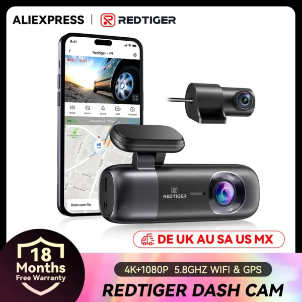 REDTIGER F9 Dash Cam 4K Dash Camera Front and Rear WiFi GPS Car Camera for Parking Mode Night Vision Car Recorder By App Control