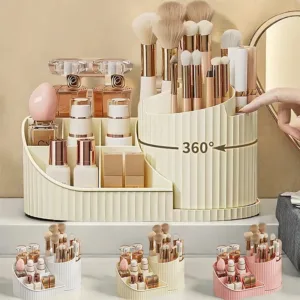 360° Rotating Vanity Makeup Organizer with Brush Holder, Large Spinning Cosmetic Storage for Skincare, Perfumes and Lotions