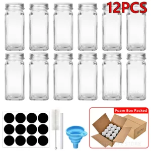 6/12/24pcs Glass Spice Jars with Bamboo Lids Or Metal Lids Include Minimalist Spice Labels Stickers Collapsible Funnel Jar Set — image 8