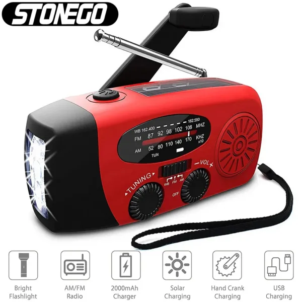 Multifunctional Portable Radio Hand Crank Solar Power FM AM WB NOAA Weather Radio Emergency LED Flashlight Flashlight Power Bank