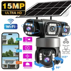 V380PRO 3 Lens WiFi Solar Camera 15MP 360 Outdoor Waterproof CCTV Night Vision Two-Way Audio Camera Mobile Tracking 4G IP Camera