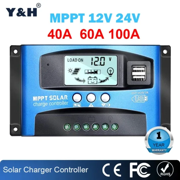 Y&H MPPT Solar Charge Controller 40A 60A 100A with Load/Dual USB /LCD 12V 24V Auto Solar Panel Charger Regulator