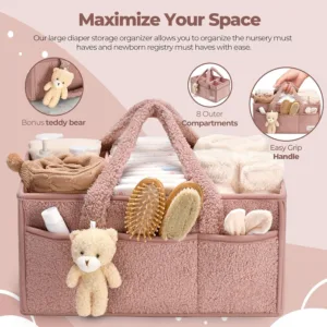 Baby Diaper Caddy Organizer for Changing Table, Plush Diaper Stackers & Caddies Diaper Bag with Teddy Bear,Diaper Storage Basket — image 5