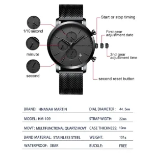 HANNAH MARTIN Brand Top Men Watch Black Stainless Steel Fashion Waterproof Sports Multifunctional Quartz Watch Relogio Masculino — image 4