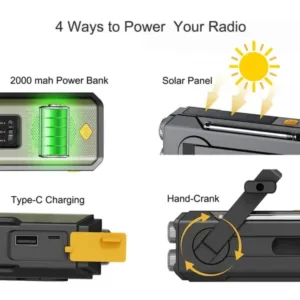 Weather Radio Emergency Multifunctional Radio FM AM WB Hand Crank Solar USB Charging 2000mAh Power Bank LED Flashlight Torch — image 3