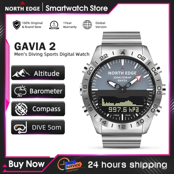 NORTH EDGE Mens Dive Watch Military Army Luxury Full Steel Smartwatch Compass Altimeter Barometer Digital Clock Waterproof 200m
