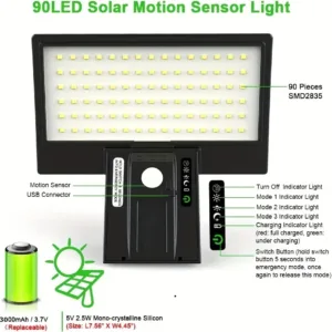 Solar Security Lights Solar Flood Lights Outdoor Waterproof with Motion Sensor 4 Modes 90 LEDs Wall Lights for Porch Yard Garden — image 6