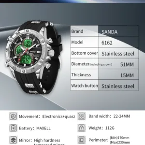 SANDA New 6162 Fashionable Men's Electronic Watch Sports Fashion Multifunctional Waterproof LED Men's Electronic Watch 2025 — image 5