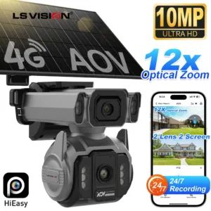 LS VISION 10MP Dual Screen 4G AOV Solar Camera 12X Optical Zoom Outdoor 24/7 Video Recording Auto Zoom Tracking Security Cameras