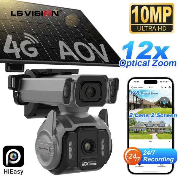 LS VISION 10MP Dual Screen 4G AOV Solar Camera 12X Optical Zoom Outdoor 24/7 Video Recording Auto Zoom Tracking Security Cameras