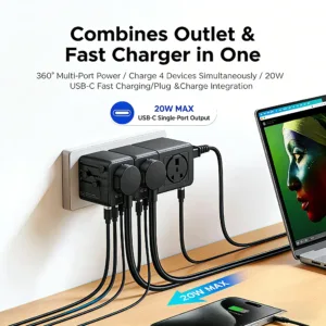 ORICO Universal Travel Adapter Worldwide All-in-One 20W GaN with AC Outlet USB A Type C Dual 10A Fuses Fast Charging EU US UK AU — image 2